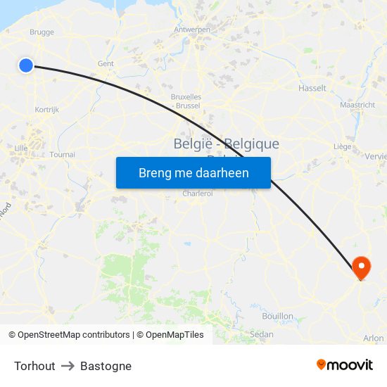 Torhout to Bastogne map