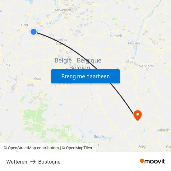 Wetteren to Bastogne map