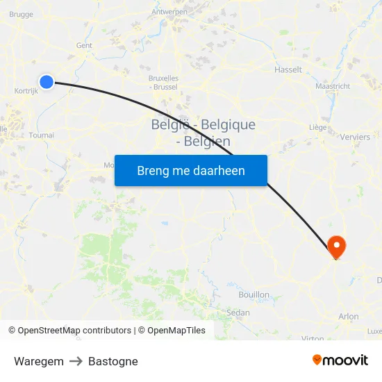 Waregem to Bastogne map