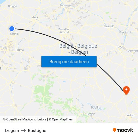 Izegem to Bastogne map