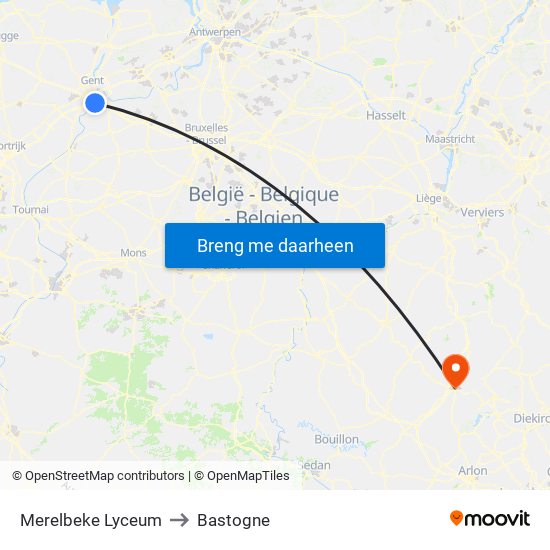 Merelbeke Lyceum to Bastogne map