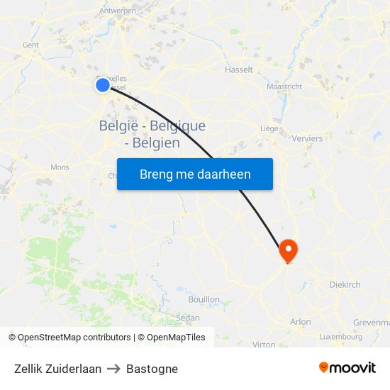 Zellik Zuiderlaan to Bastogne map