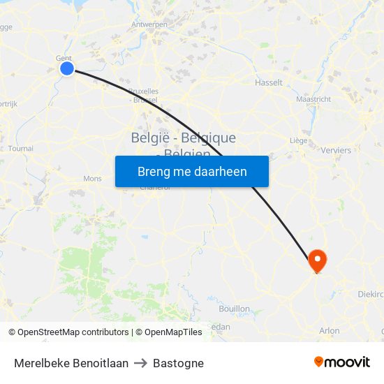 Merelbeke Benoitlaan to Bastogne map