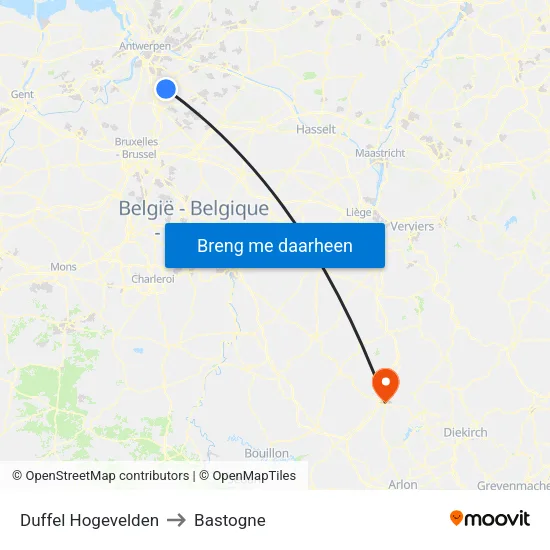 Duffel Hogevelden to Bastogne map