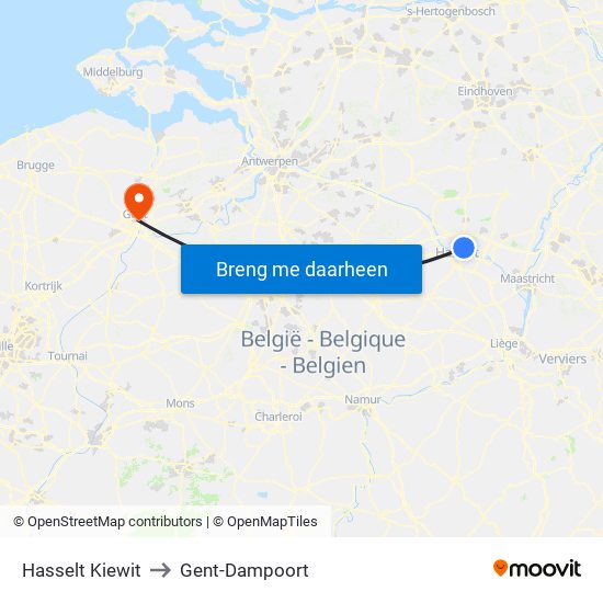Hasselt Kiewit to Gent-Dampoort map