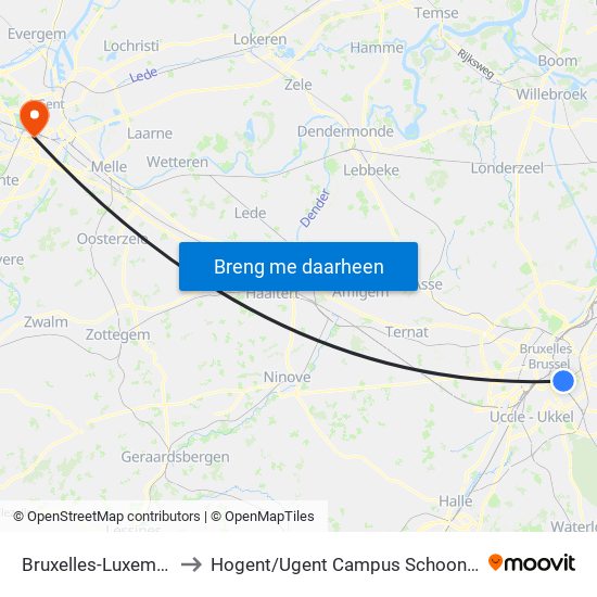Bruxelles-Luxembourg to Hogent / Ugent Campus Schoonmeersen map