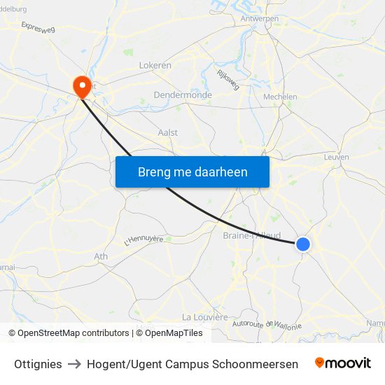 Ottignies to Hogent / Ugent Campus Schoonmeersen map