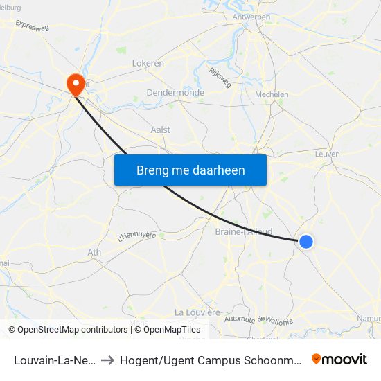 Louvain-La-Neuve to Hogent / Ugent Campus Schoonmeersen map
