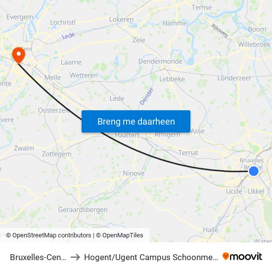 Bruxelles-Central to Hogent / Ugent Campus Schoonmeersen map
