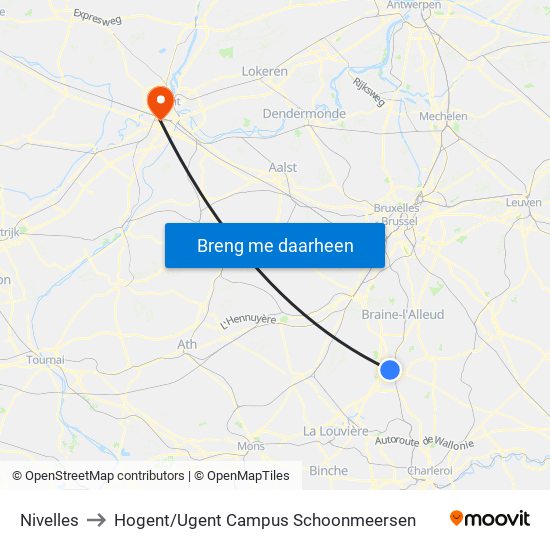 Nivelles to Hogent / Ugent Campus Schoonmeersen map