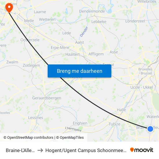 Braine-L'Alleud to Hogent / Ugent Campus Schoonmeersen map