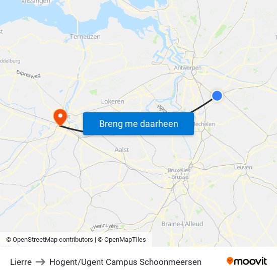 Lierre to Hogent / Ugent Campus Schoonmeersen map