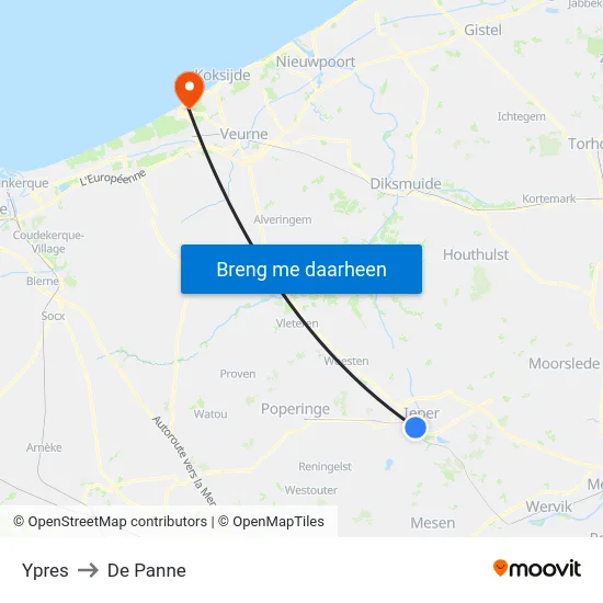 Ypres to De Panne map