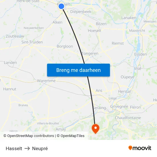 Hasselt to Neupré map