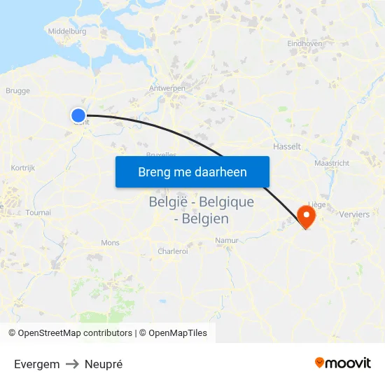 Evergem to Neupré map