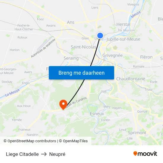 Liege Citadelle to Neupré map