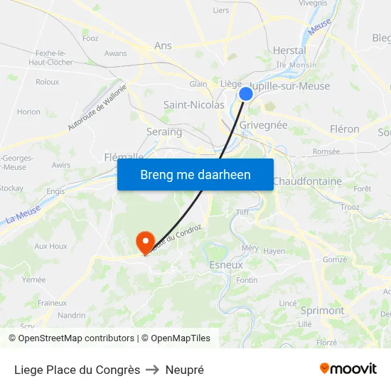 Liege Place du Congrès to Neupré map