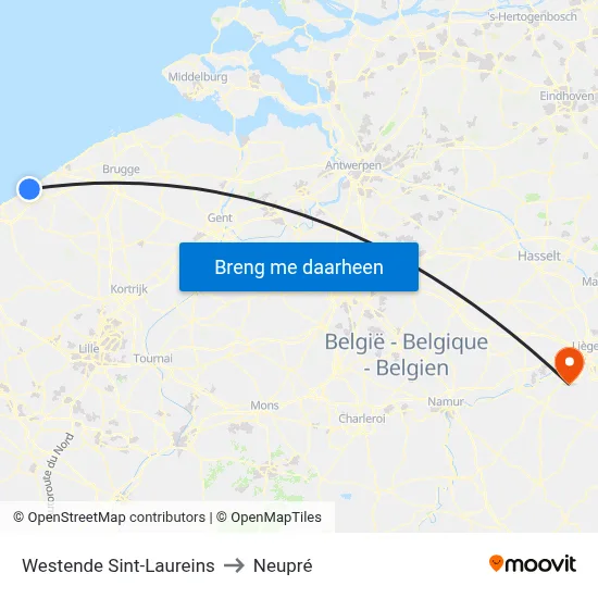 Westende Sint-Laureins to Neupré map