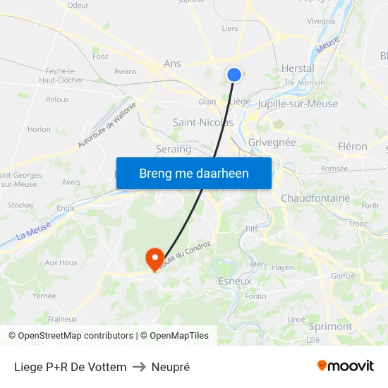 Liege P+R De Vottem to Neupré map