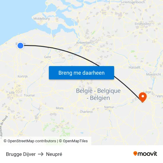 Brugge Dijver to Neupré map