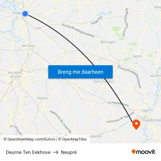 Deurne Ten Eekhove to Neupré map