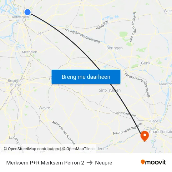 Merksem P+R Merksem Perron 2 to Neupré map