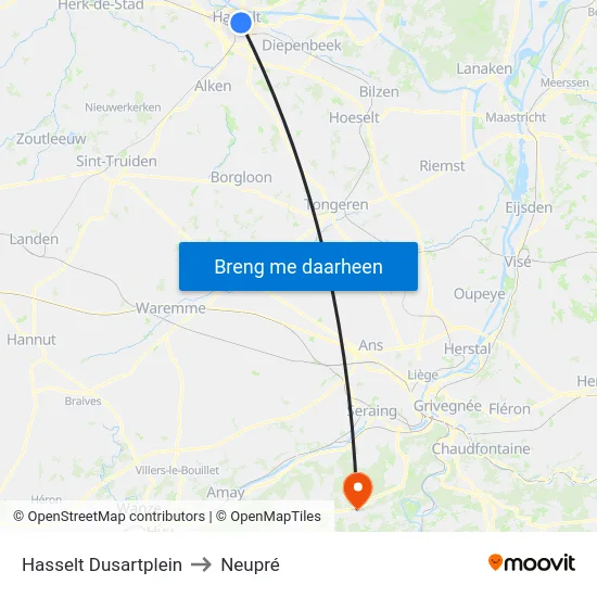 Hasselt Dusartplein to Neupré map