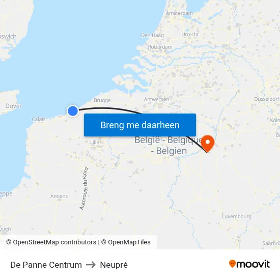 De Panne Centrum to Neupré map