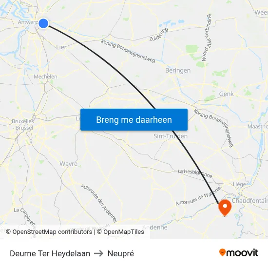 Deurne Ter Heydelaan to Neupré map