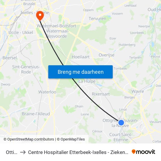 Ottignies to Centre Hospitalier Etterbeek-Ixelles - Ziekenhuizencentrum Etterbeek-Elsene map