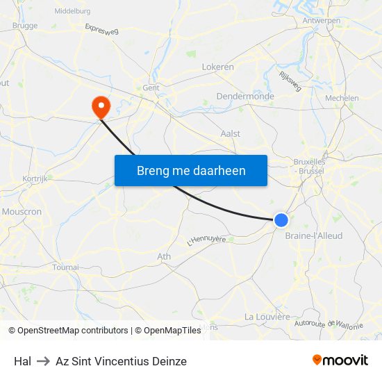 Hal to Az Sint Vincentius Deinze map