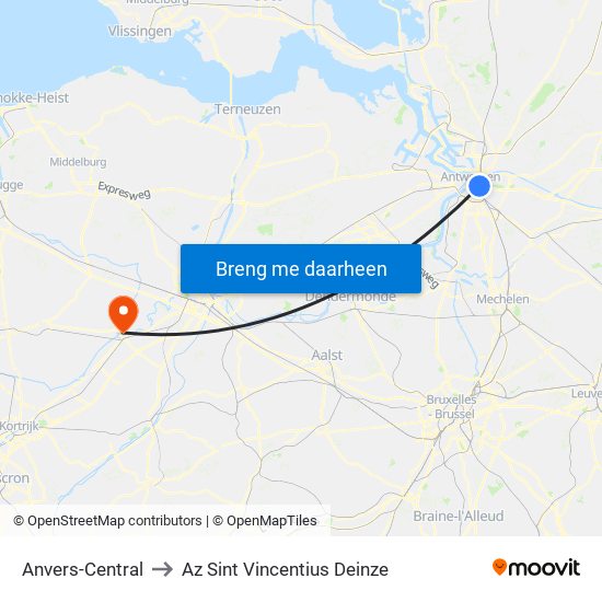 Anvers-Central to Az Sint Vincentius Deinze map