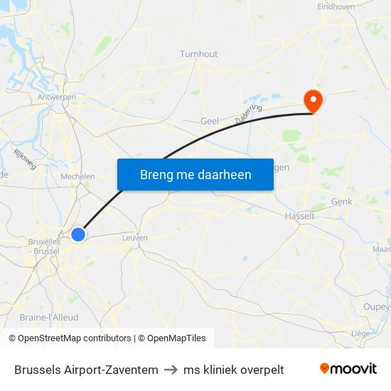 Brussels Airport-Zaventem to ms kliniek overpelt map