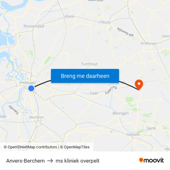 Anvers-Berchem to ms kliniek overpelt map