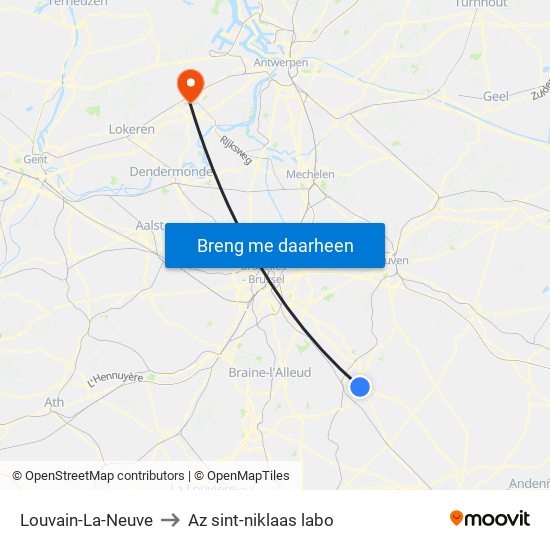 Louvain-La-Neuve to Az sint-niklaas labo map