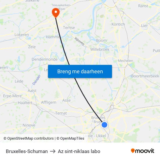 Bruxelles-Schuman to Az sint-niklaas labo map