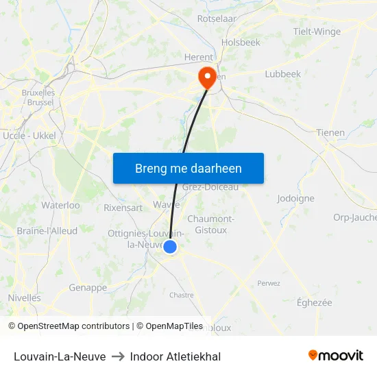 Louvain-La-Neuve to Indoor Atletiekhal map