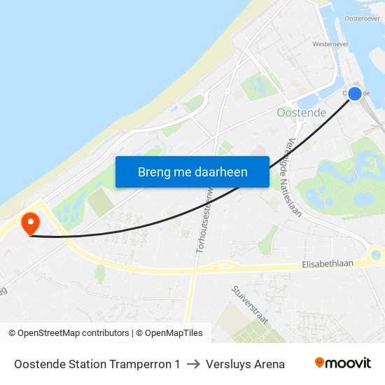 Oostende Station Tramperron 1 to Versluys Arena map