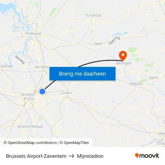 Brussels Airport-Zaventem to Mijnstadion map