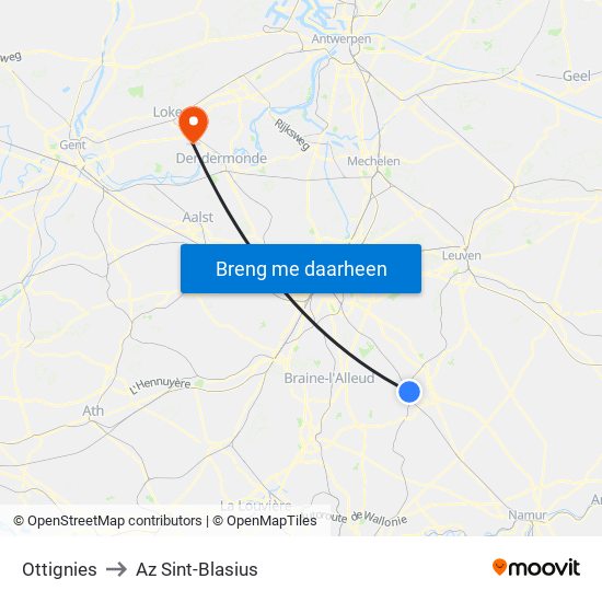 Ottignies to Az Sint-Blasius map