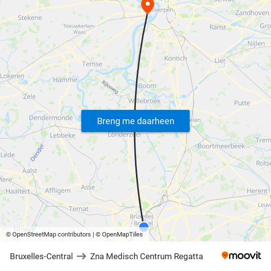 Bruxelles-Central to Zna Medisch Centrum Regatta map