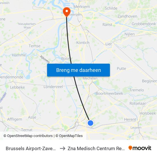 Brussels Airport-Zaventem to Zna Medisch Centrum Regatta map