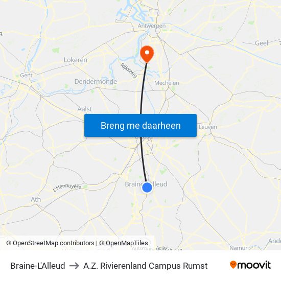 Braine-L'Alleud to A.Z. Rivierenland Campus Rumst map