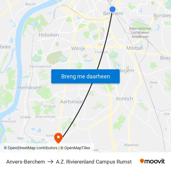 Anvers-Berchem to A.Z. Rivierenland Campus Rumst map