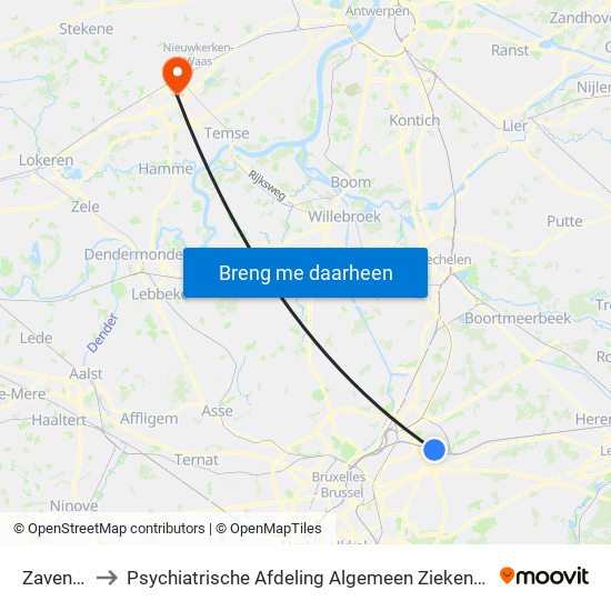 Zaventem to Psychiatrische Afdeling Algemeen Ziekenhuis Nikolaas map