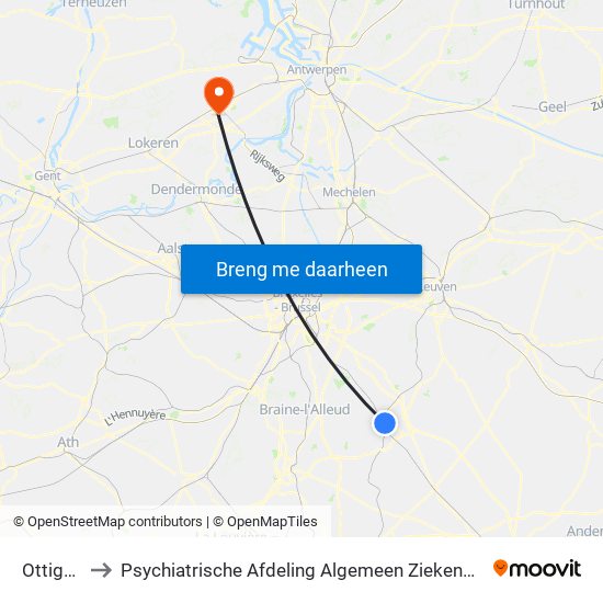 Ottignies to Psychiatrische Afdeling Algemeen Ziekenhuis Nikolaas map