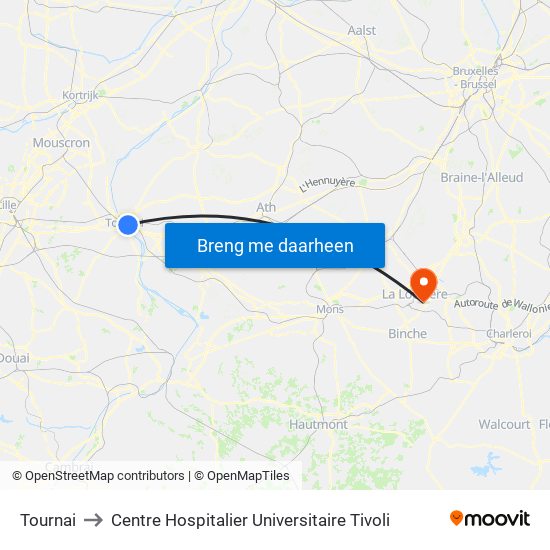Tournai to Centre Hospitalier Universitaire Tivoli map
