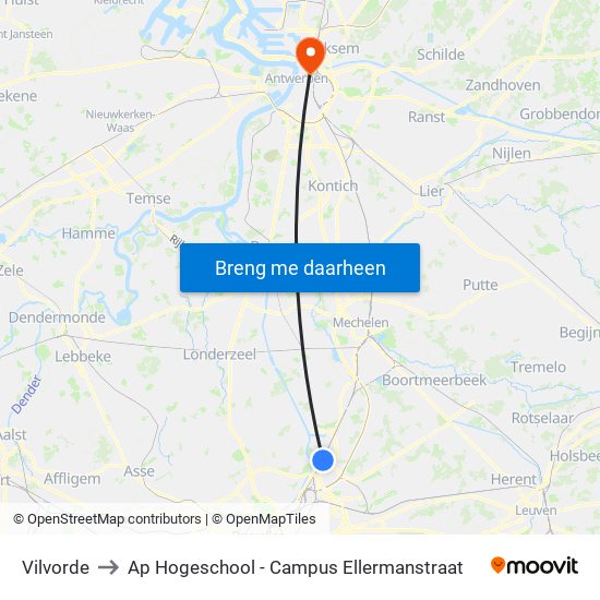 Vilvorde to Ap Hogeschool - Campus Ellermanstraat map