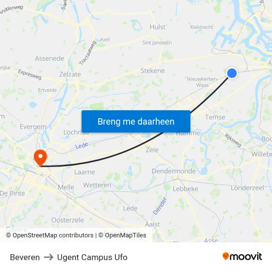 Beveren to Ugent Campus Ufo map