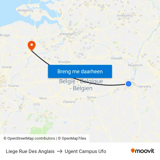 Liege Rue Des Anglais to Ugent Campus Ufo map